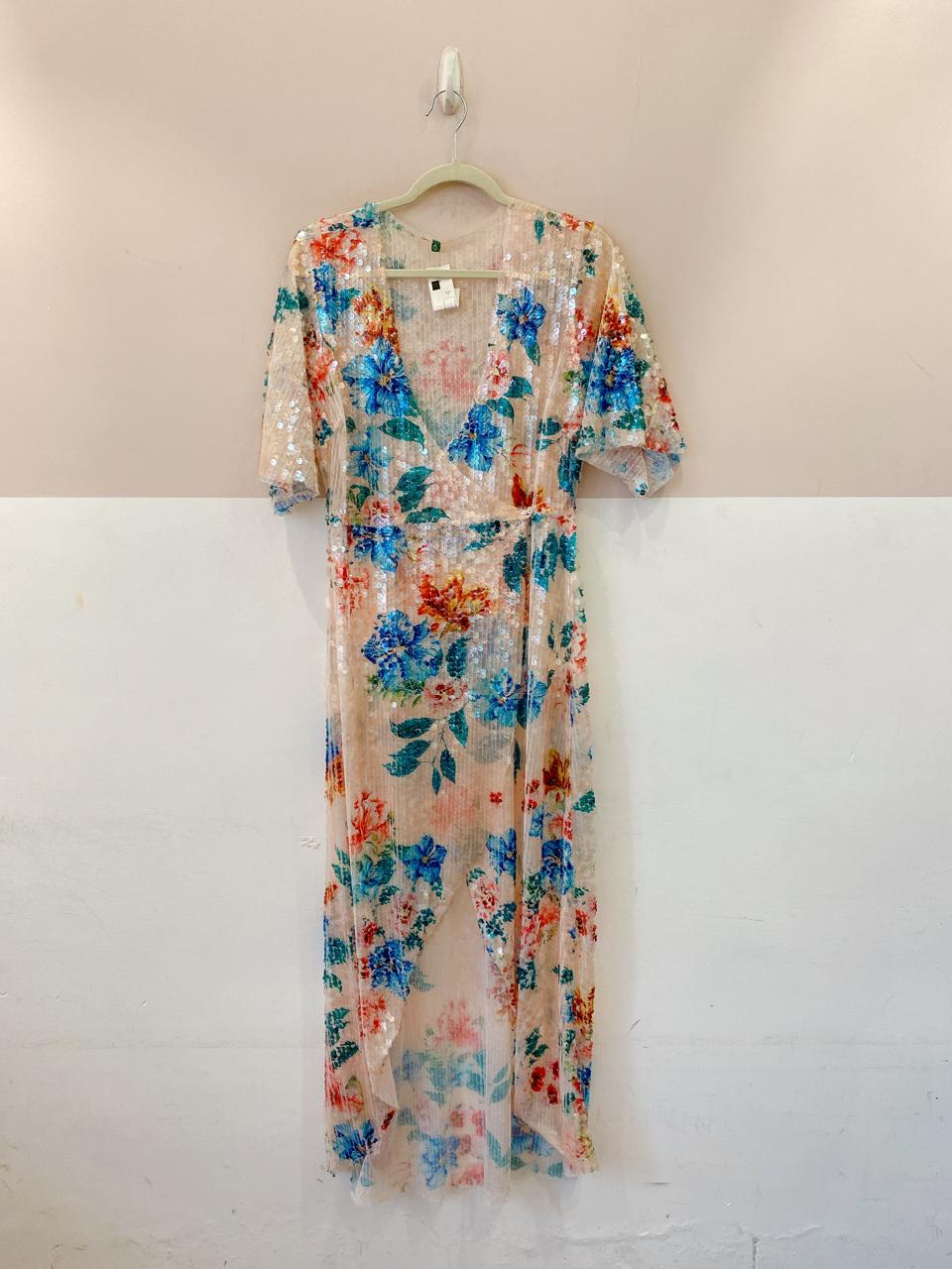 Vestido longo paetês flores Farm M - Imagem 2